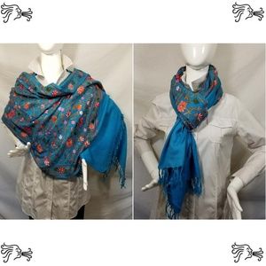 Cyan Blue Embroidered Kashmir 100% Wool Scarf